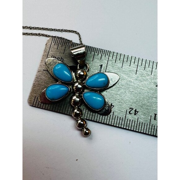 Sterling Silver 925 Turquoise Dragonfly Pendant Necklace 18" Spring Ring 7.68g - Picture 9 of 10